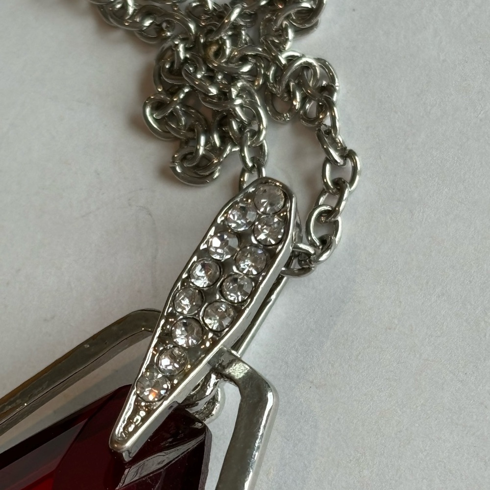 Large red pendant necklace/ silver tone chain/ measures 36 in length - Picture 6 of 14